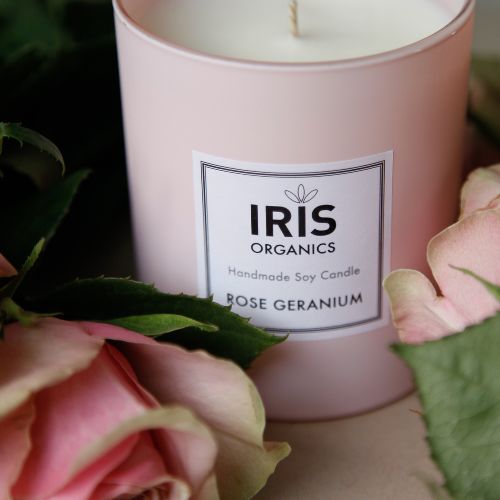 LIMITED EDITION  Pink Glass Rose Geranium Candle